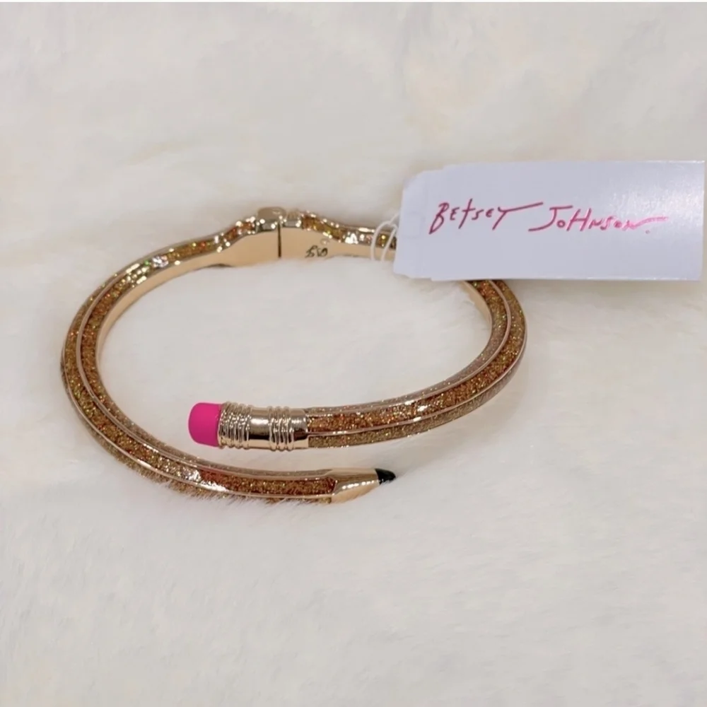 💛▪️Betsey Johnson ▪️Gold Glitter Pencil Pink Eraser Hinge  Bracelet Cuff